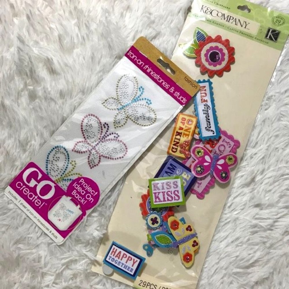 NWOT K & Company Adhesive Chipboard & Iron-On Butterflies Rhinestone & Studs Set